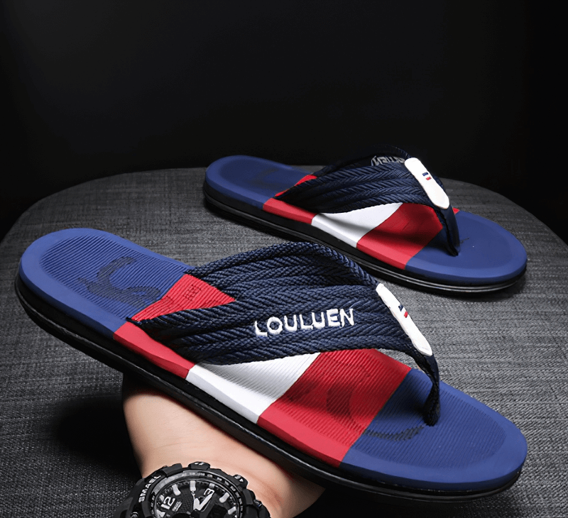 Stylish breathable beach flip flops for men, featuring nylon upper, EVA insole, rubber outsole, in red, white, and navy design.